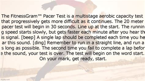 that progressively gets more difficult as it continues. The 20 meter pacer test will begin in 30 seconds. Line up at the start. The running speed starts slow...